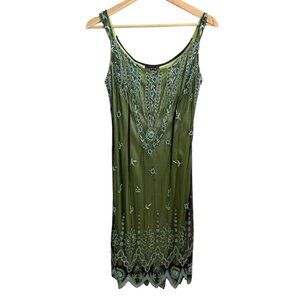 Vintage Fairy Beaded Shift Dress Green 10 Petite Whimsygoth Prom Formal Evening